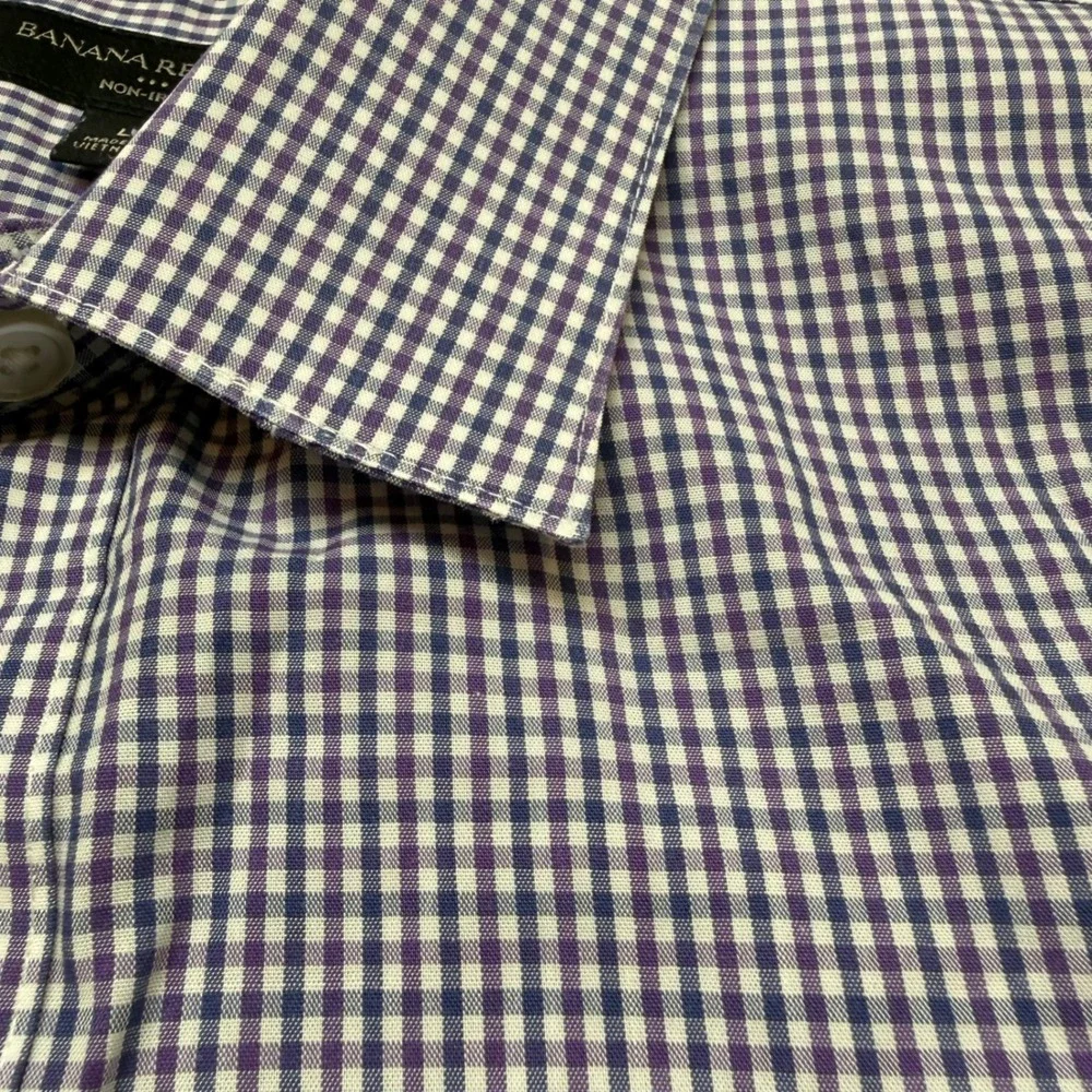 Banana Republic Non-Iron Shirt Mens L Slim Fit Blue Purple Gingham Button Down